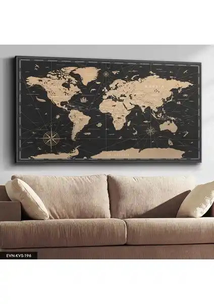 Evine Estetik Katacak Vintage Dünya Haritası Kanvas Tablo 65x120 cm Modern Dekorasyon