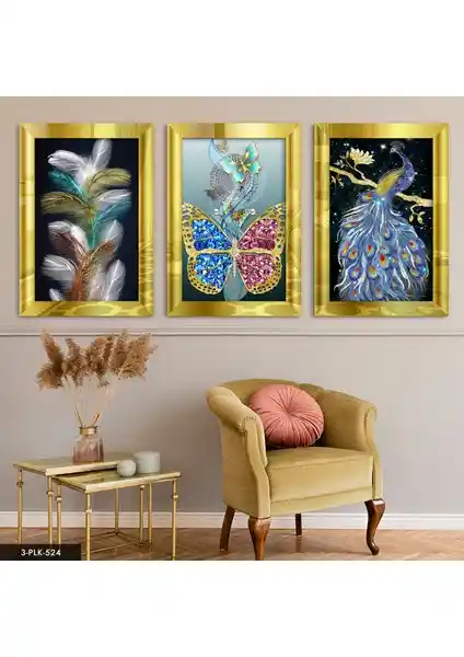 Evine Moda Kuş Tüy Kelebek Gold Pleksi Aynalı Tablo 3 Parça Modern Duvar Dekoru