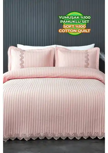 Evlen Home Collection Kapitone Mihrimah Dantelli Çift Kişilik Yatak Örtüsü Pudra Renk
