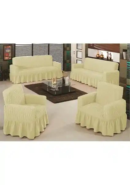Evory Home Bürümcük Maxi Koltuk Örtüsü Takımı Krem Renkli Estetik ve Koruma Sağlar