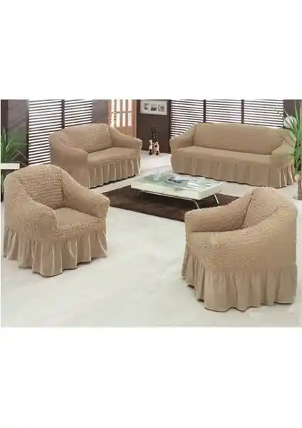 Evory Home Bürümcük Standart Koltuk Örtüsü Takımı (3+2+1+1) Kemik Renkli Modern Tasarım