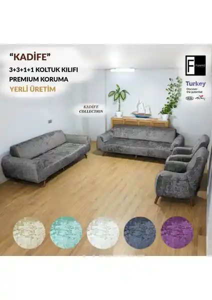 Faiend Kadife 3+3+1+1 Antrasit Lastikli Kanepe Örtüsü Modern ve Koruyucu Tasarım