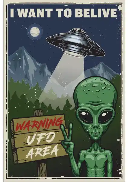 Hayat Poster Dikkat Uzaylı Retro Vintage Ahşap Duvar Dekoru 20x30 cm