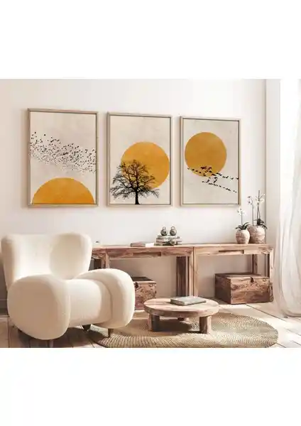 Huhuli Ahşap Çerçeveli Minimalist 3’lü Tablo Dekorasyon Seti Modern ve Doğal Tasarım