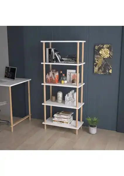 İntergo Dekoratif 5 Raflı Ahşap Ayaklı Kitaplık - Dayanıklı ve Şık Tasarım
