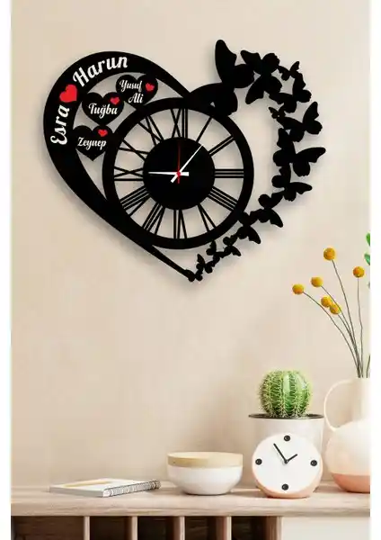 İsim Özel Kalp Tasarım Ahşap Duvar Saati Dekorasyon ve Hediye Seçenekleri