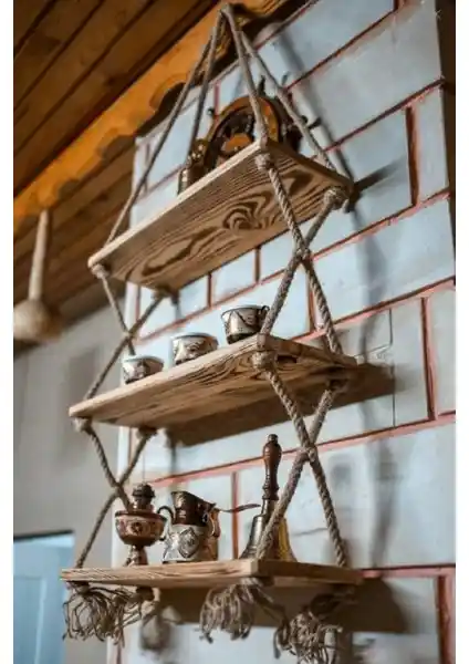 Kadınca Dükkan Ahşap 3'lü Halatlı Raf Doğal ve Rustik Dekorasyon İçin Uygun Özgün Tasarım