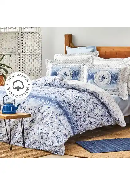 Karaca Home Amelia Mavi %100 Pamuk Çift Kişilik Fitted Çarşaflı Nevresim Takımı