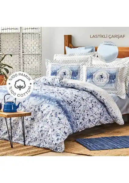 Karaca Home Amelia Mavi %100 Pamuk Tek Kişilik Lastikli Çarşaflı Nevresim Takımı