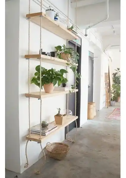 Karaköse Ahşap Duvar Rafı 4'lü Halatlı ve Klemensli Modern ve Rustik Dekorasyon İçin