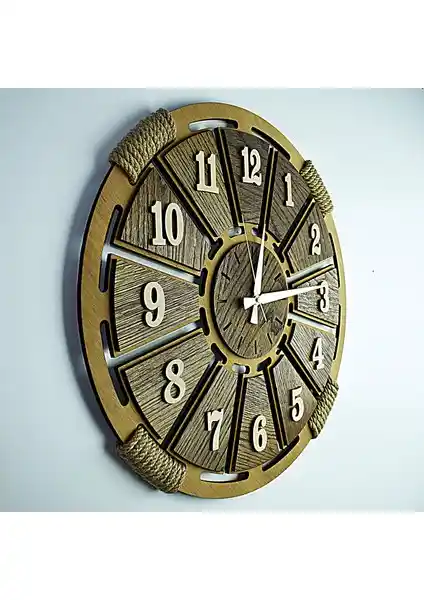 Kayra Tasarım Ahşap Duvar Saati Halat Latin 50 cm Dekoratif ve Şık Tasarım