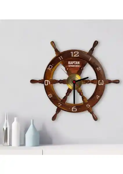 Kişiye Özel Tekne Dümeni Tasarımlı Ahşap Duvar Saati Ev ve Ofis Dekorasyonu İçin