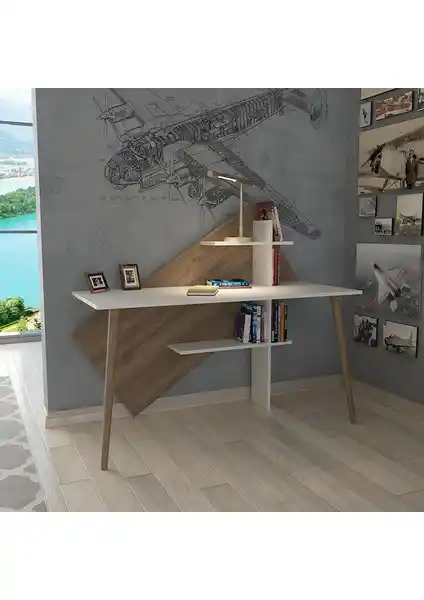 Lagomood Rüzgar Çalışma Masası Ceviz Beyaz Modern Ofis Mobilyası 140cm Genişlikli