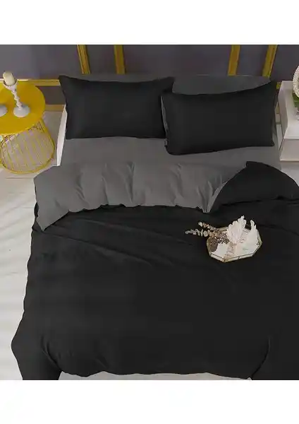 Laliva Çarşafı Lastikli Siyah Gri Doğal Pamuk Ranforce Çift Kişilik Nevresim Takımı