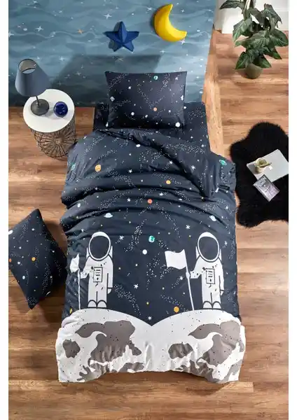 Laliva Çocuk Nevresim Takımı Uzay Temalı Pamuklu Konforlu ve Sağlıklı Kullanım İçin Uygun