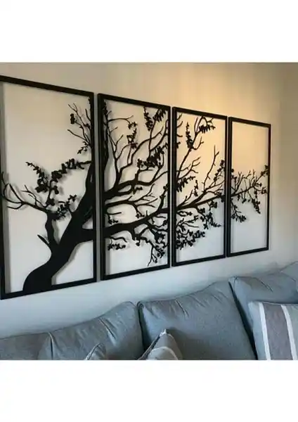 Leylaser Dekoratif Son Bahar Siyah 4'lü Hayat Ağacı Ahşap Tablo Modern Dekorasyon İçin