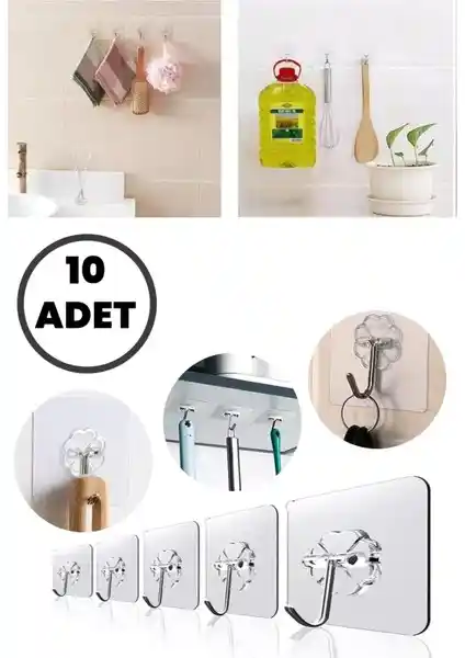 Lirazon 10 Adet Güçlü Yapışkanlı Şeffaf Duvar Askısı Ev ve Ofis Kullanımı için