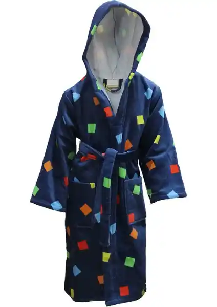 Lucy and Home Kadife Geometrik Baskılı Çocuk Bornozu Lacivert 75-90 Karakter