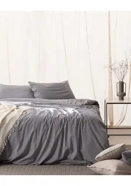 Madame Coco Linda King Size Yıkamalı Gofre Nevresim Takımı Koyu Gri Modern Tasarım