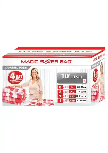 Magic Saver Bag 10 Lu Set - Çok Boyutlu Vakumlu Saklama Çözümleri ile Gıda ve Eşyalarınızı Koruyun
