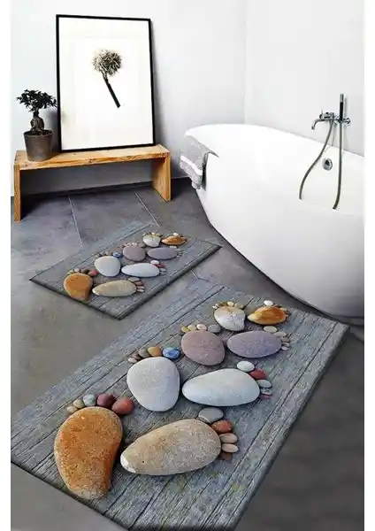 Marka Halı Gri Desenli Yıkanabilir Kaymaz Banyo Paspası ve Klozet Takımı Seti