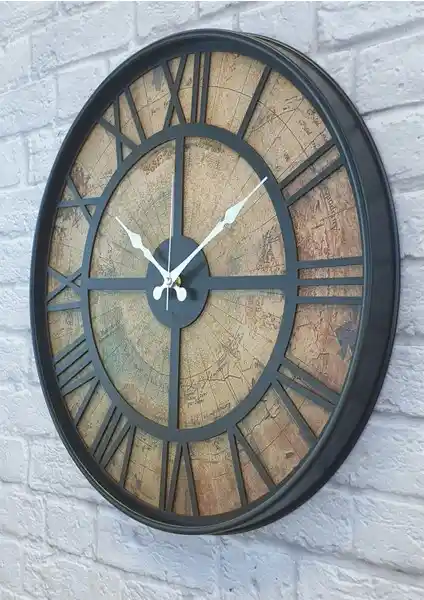 Markakanvas Metal Kasalı Eski Dünya Haritalı Dekoratif Duvar Saatleri