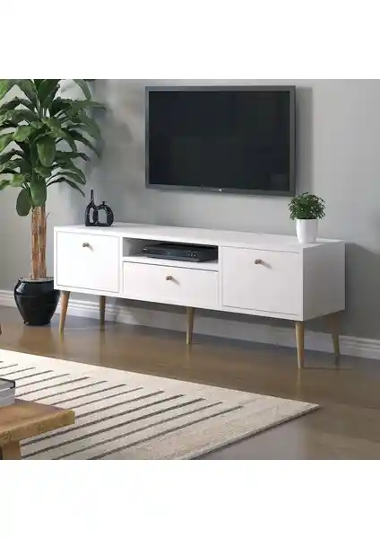 Mbes Mobilya Beyza Beyaz Ahşap Ayaklı 140 cm Modern TV Sehbası ve Dekoratif Çözüm