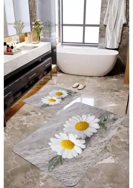 Mekta Home 3D Papatya Desenli Alerjilere Karşı Güvenli Banyo Paspası Takımı