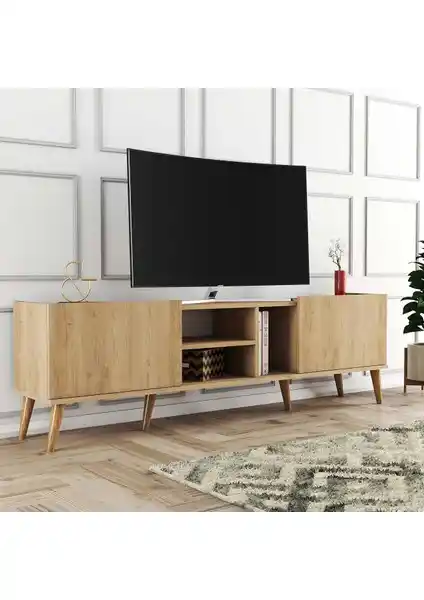 Mezza Lotus Ahşap Ayaklı Modern TV Ünitesi Sepet Rengi 180 cm genişlikte şık ve dayanıklı tasarım