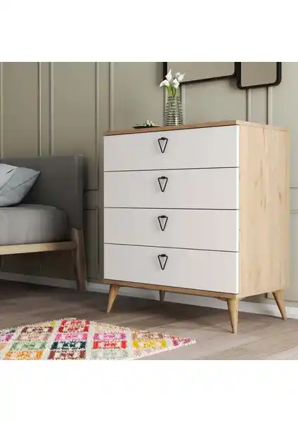 Mezza Versace 4 Çekmeceli Ayaklı Şifonyer Sepet Beyaz Modern Depolama Mobilyası