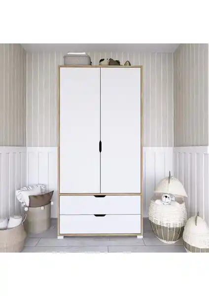 Midoser Mat Beyaz Açık Ceviz 2 Kapılı ve 2 Çekmeceli Modern Elbise Dolabı