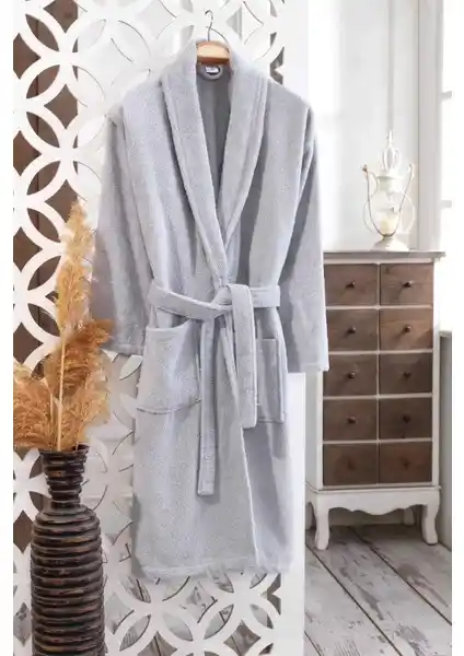 MODELHOME Pamuklu Bukle Şal Yaka Gri Renkli Bornoz - Konfor ve Şıklık Sunan Modern Tasarım