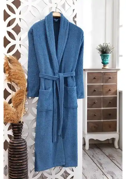 MODELHOME Pamuklu Bukle Şalyaka Lacivert Bornoz - Şıklık ve Konforu Bir Arada Sunar