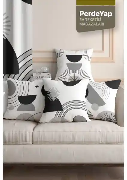 Modern Monokrom Geometrik Desenli 4'lü Kadife Kırlent Kılıfı Seti