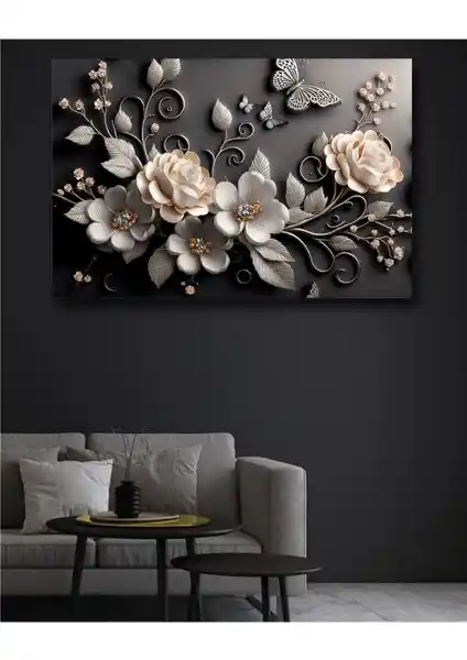 Modern Siyah Çiçekler Dekoratif Kanvas Tablo 50x70 cm Zarif Mekan Dekorasyonu