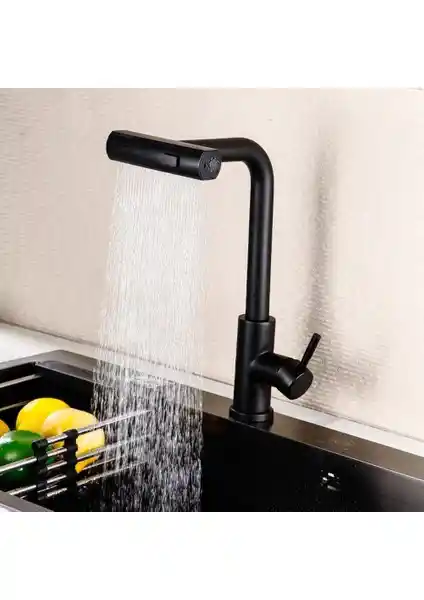 Modern Siyah Mutfak Bataryası Çift Fonksiyonlu Döner Başlık ve 360 Derece Dönebilen Tasarım