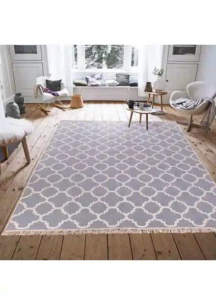 Modern ve Çok Yönlü Çift Taraflı Bej Desenli Pamuklu Kilim - Şık Dekorasyon Çözümü