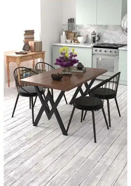 Modern ve Dayanıklı 4 Kişilik Mutfak Masası Takımı Ceviz Siyah Renk Seçeneği