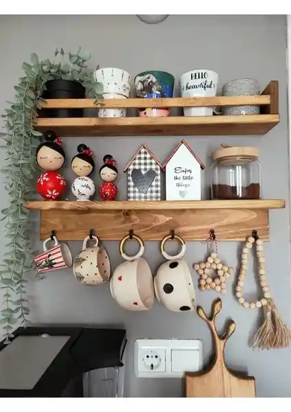 Modern ve Doğa Dostu Ahşap Kahve Köşesi Raf Seti - Şık ve Dayanıklı Tasarım