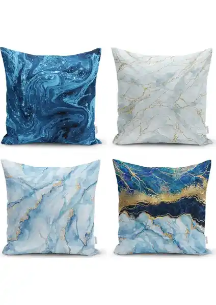 Modern ve Şık Dekorasyon İçin Mavi ve Gold Uyumu 4'lü Kırlent Kılıfı Seti