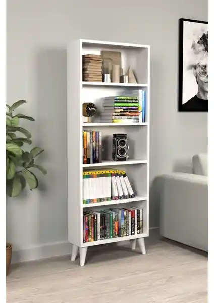 Montenero Parlak Beyaz 5 Raflı Modern Açık Kitaplık Ev ve Ofis Dekorasyonu İçin