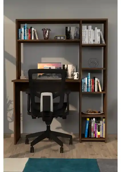 Moonlife Duru Kitaplıklı Çalışma Masası Ceviz Renkli Modern ve Dayanıklı Tasarım