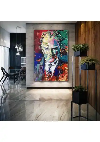 Mustafa Kemal Atatürk Portresi Efektli Kanvas Tablo Modern İç Mekan Dekoru İçin Uygun