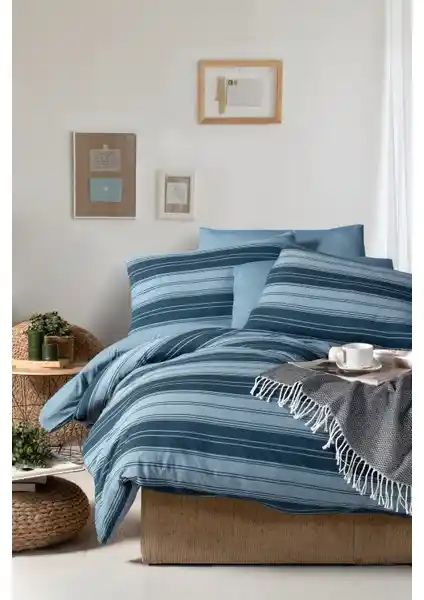 My Story Lastikli Çarşaflı Çift Kişilik Nevresim Takımı Yeşil ve Çizgili Desenlerle