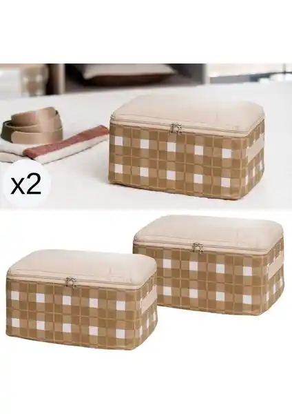 Nacarev 2 Adet Küçük Boy Ekose Bej Hurç Seti Yatak ve Bavul Düzenleyici