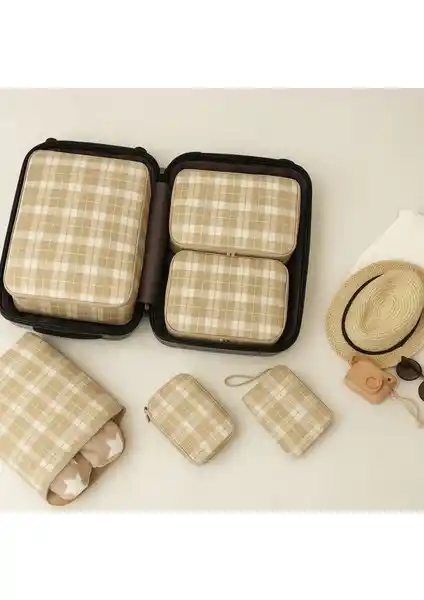 Nacarev 6'lı Bej Kare Ekose Desenli Valiz Düzenleyici Seti Seyahat ve Ev İçin Pratik Çözüm