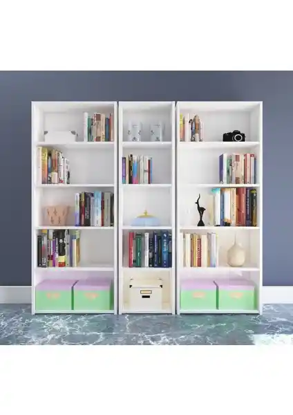 Nur Mobilya 3'lü Arkalıklı Kitaplık Beyaz Modern ve Fonksiyonel Depolama Çözümü