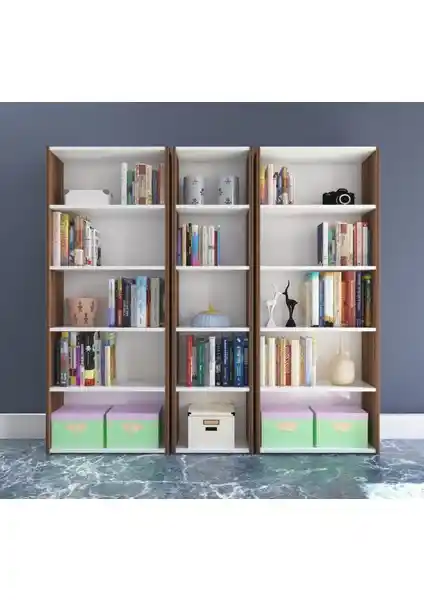 Nur Mobilya 3'lü Arkalıklı Kitaplık Ceviz-Beyaz Modern ve Fonksiyonel Depolama Çözümü