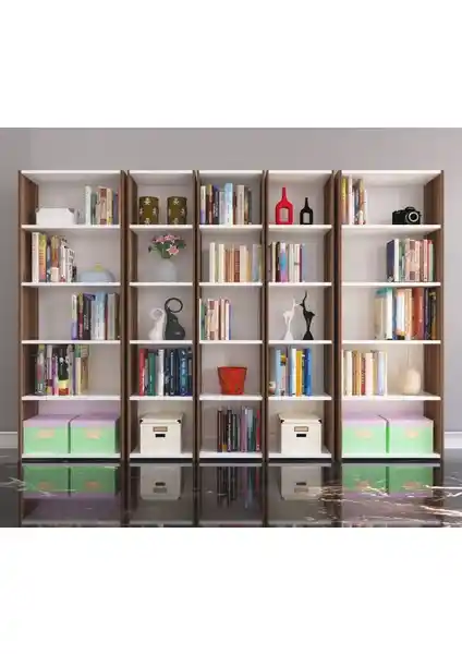 Nur Mobilya 5'li Kitaplık Ceviz-Beyaz Modern ve Dayanıklı Tasarım Özellikleri