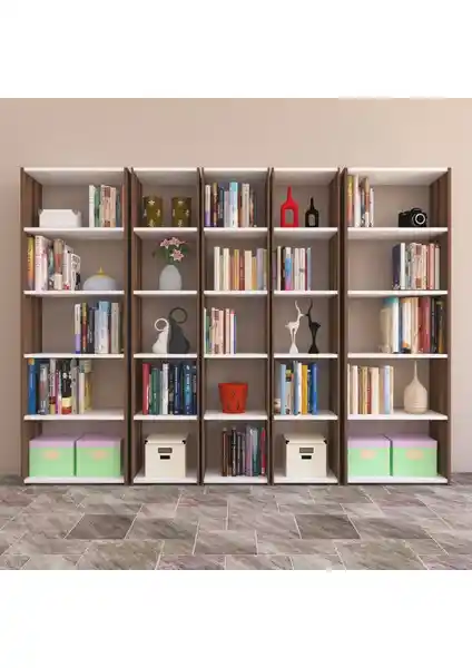 Nur Mobilya 5'li Kitaplık Ceviz-Beyaz Modern ve Fonksiyonel Depolama Ünitesi